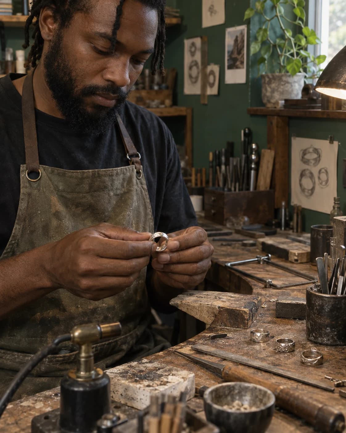 Fictional silversmith examining a handmade ring at a worn jewelry bench