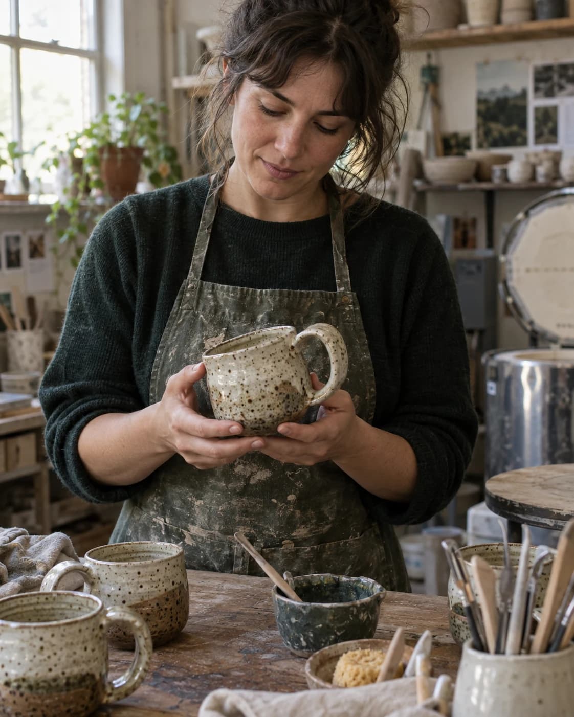 Fictional ceramicist holding a speckled handmade mug in a working pottery studio