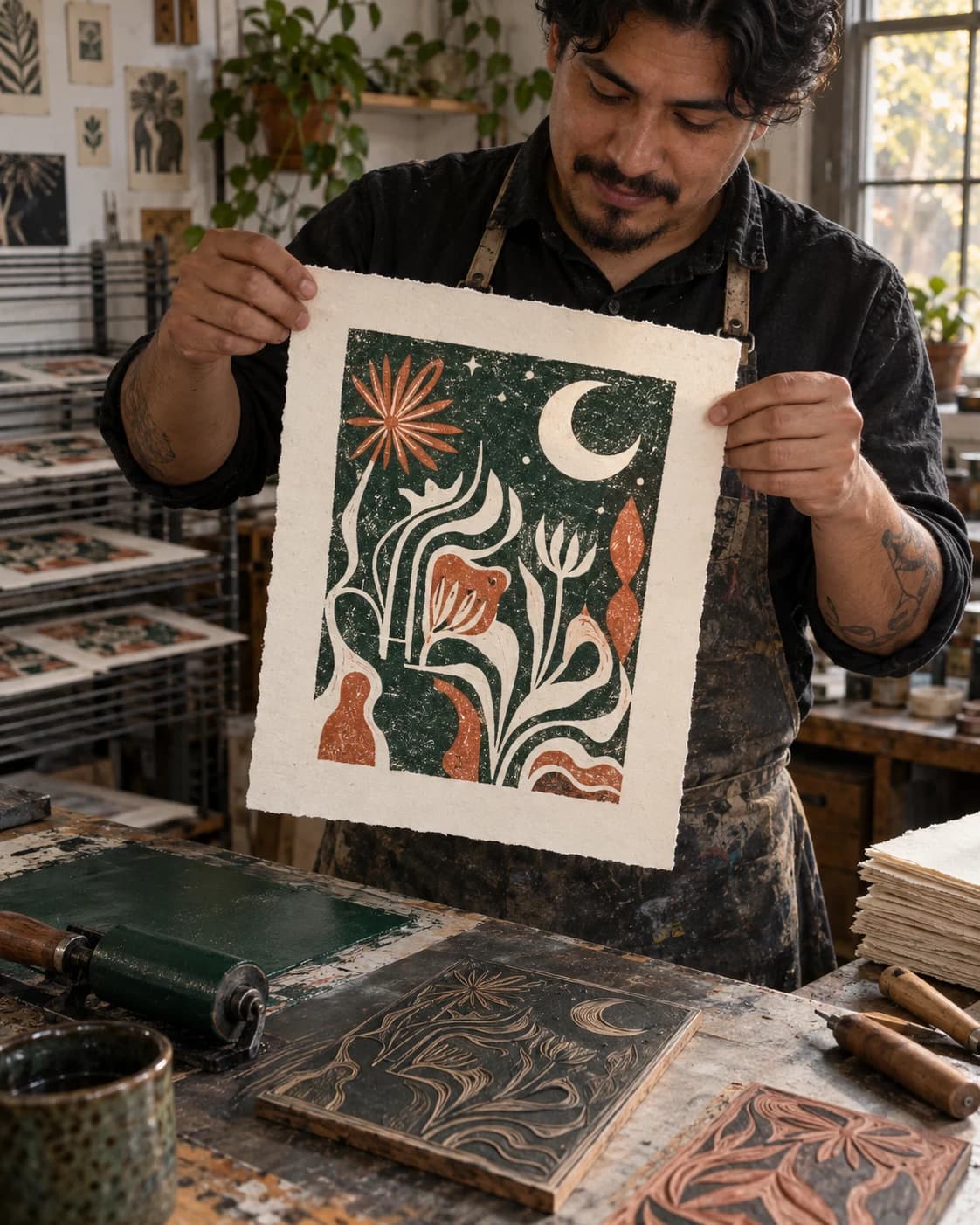 Fictional printmaker holding a hand-pulled night garden linocut in his studio