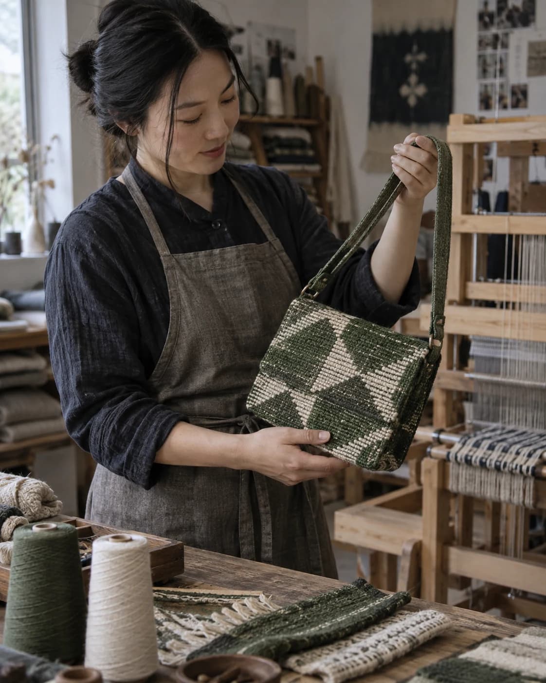 Fictional textile artist holding a green handwoven bag beside her loom